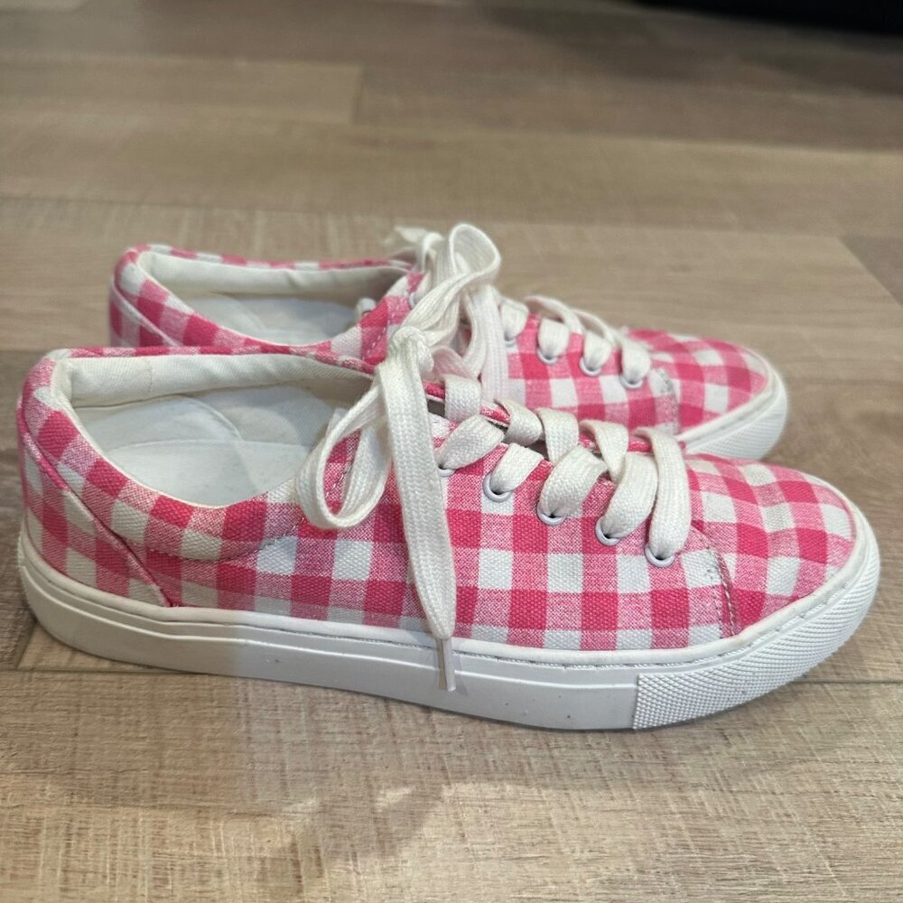 J CREW WOMENS SIZE 5 PINK AND WHITE PLAID SNEAKERS SHOES